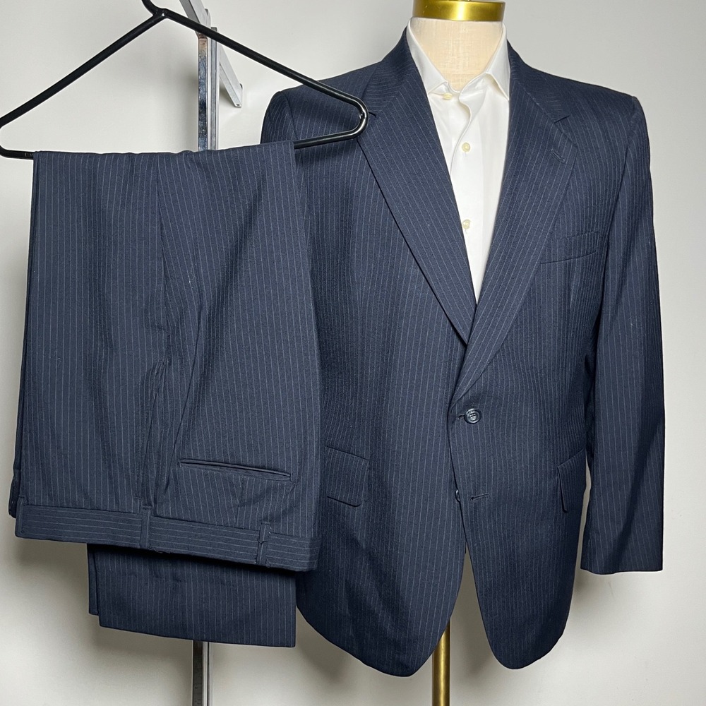 Kuppenheimer Suit Mens 42R 36W Navy Blue Pinstripe‎ Wool 2-Button Vintage USA